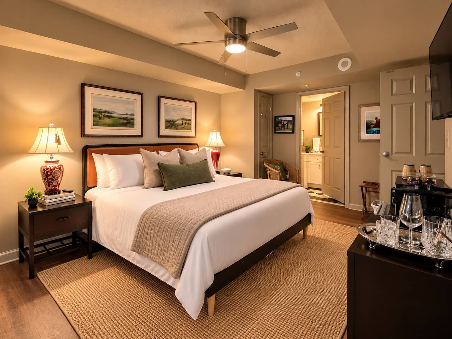 The 19th Hole Suite king bed at Yacht Club Villas, Barefoot Resort, North Myrtle Beach
